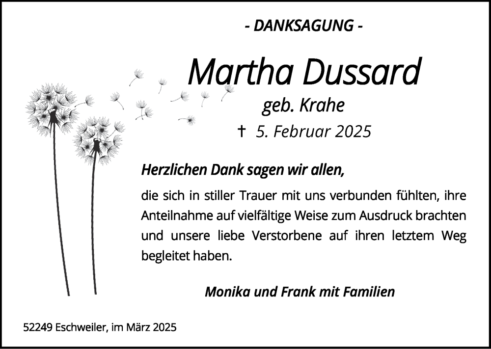  Traueranzeige für Martha Dussard vom 23.03.2025 aus Zeitung am Sonntag