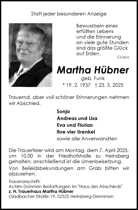 Traueranzeige von Martha Hübner von Zeitung am Sonntag