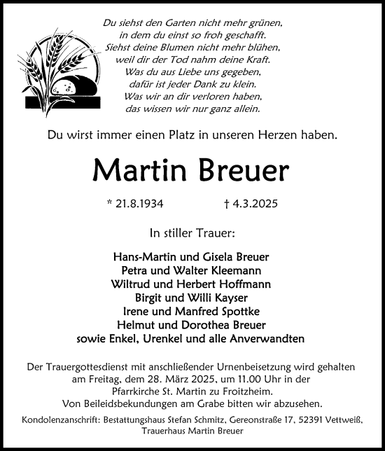 Traueranzeige von Martin Breuer von Zeitung am Sonntag