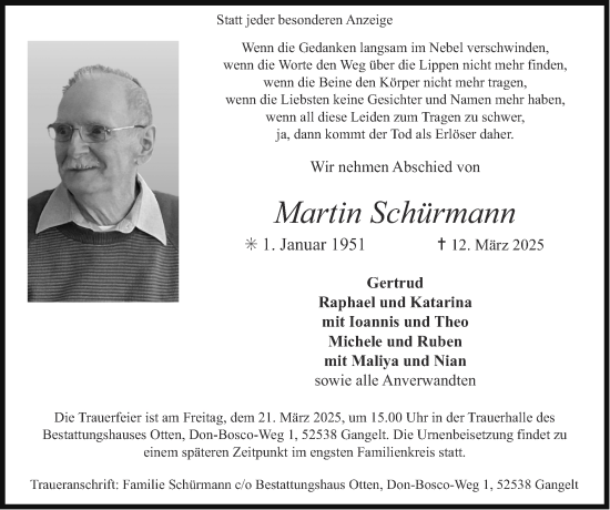 Traueranzeige von Martin Schürmann von Zeitung am Sonntag