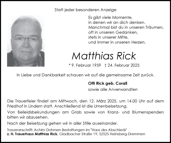 Traueranzeige von Matthias Rick von Zeitung am Sonntag