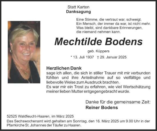 Traueranzeige von Mechtilde Bodens von Zeitung am Sonntag