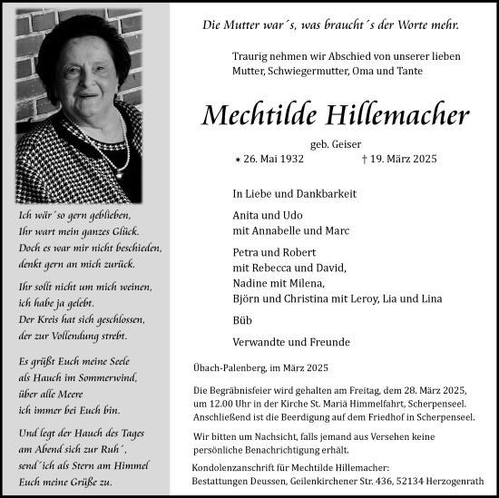Traueranzeige von Mechtilde Hillemacher von Zeitung am Sonntag