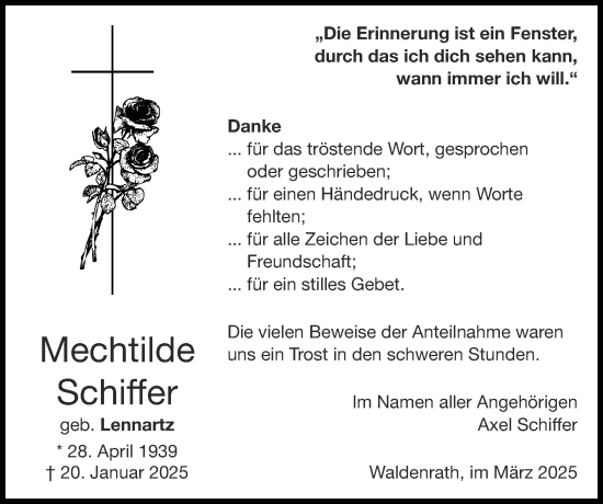 Traueranzeige von Mechtilde Schiffer von Zeitung am Sonntag