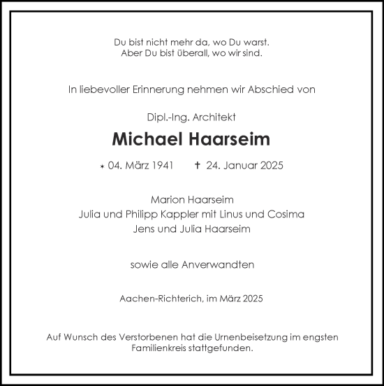 Traueranzeige von Michael Haarseim von Zeitung am Sonntag