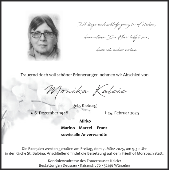 Traueranzeige von Monika Kalcic von Zeitung am Sonntag