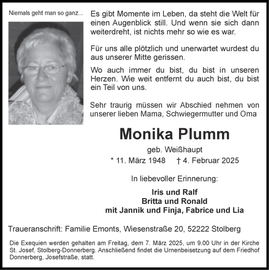 Traueranzeige von Monika Plumm von Zeitung am Sonntag