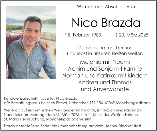 Traueranzeige von Nico Brazda von Zeitung am Sonntag