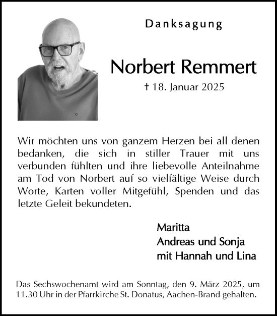 Traueranzeige von Norbert Remmert von Zeitung am Sonntag