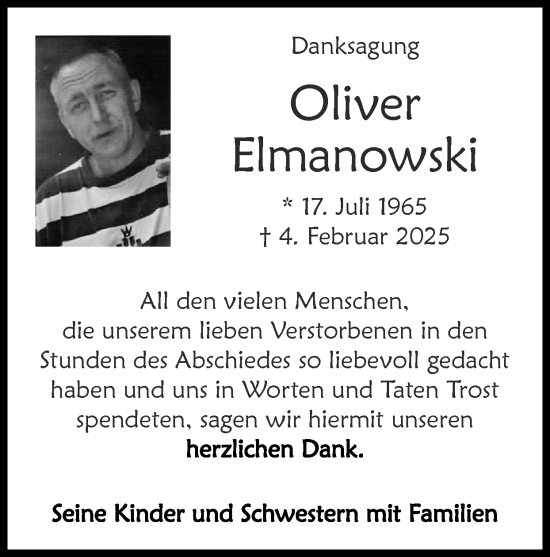 Traueranzeige von Oliver Elmanowski von Zeitung am Sonntag