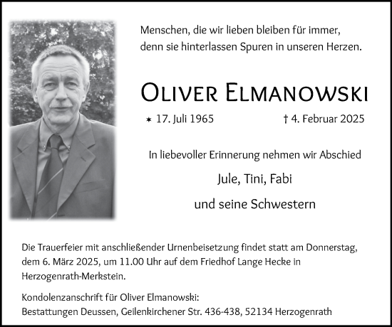 Traueranzeige von Oliver Elmanowski von Zeitung am Sonntag