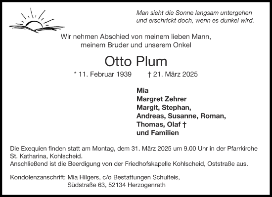 Traueranzeige von Otto Plum von Aachener Zeitung