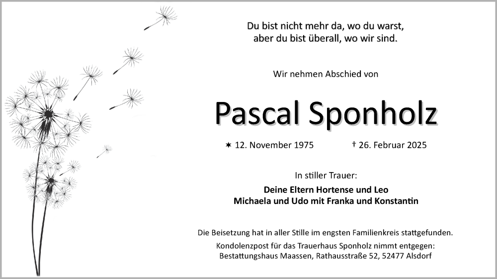  Traueranzeige für Pascal Sponholz vom 16.03.2025 aus Zeitung am Sonntag