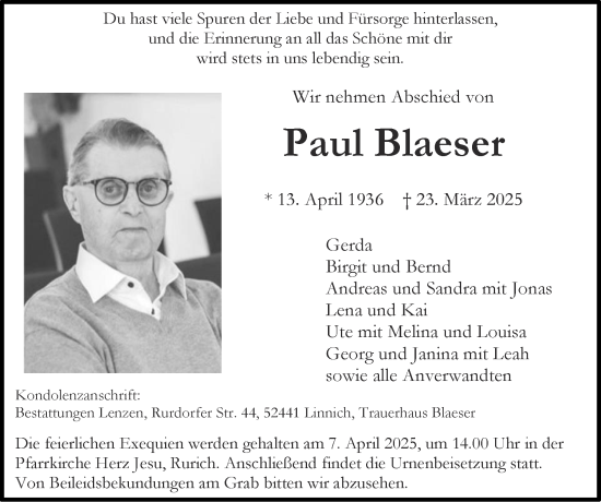 Traueranzeige von Paul Blaeser von Zeitung am Sonntag