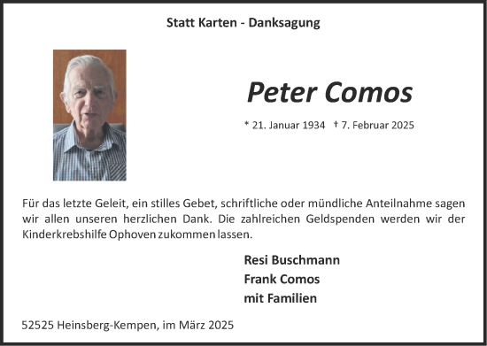 Traueranzeige von Peter Comos von Zeitung am Sonntag