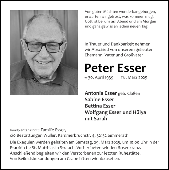 Traueranzeige von Peter Esser von Zeitung am Sonntag