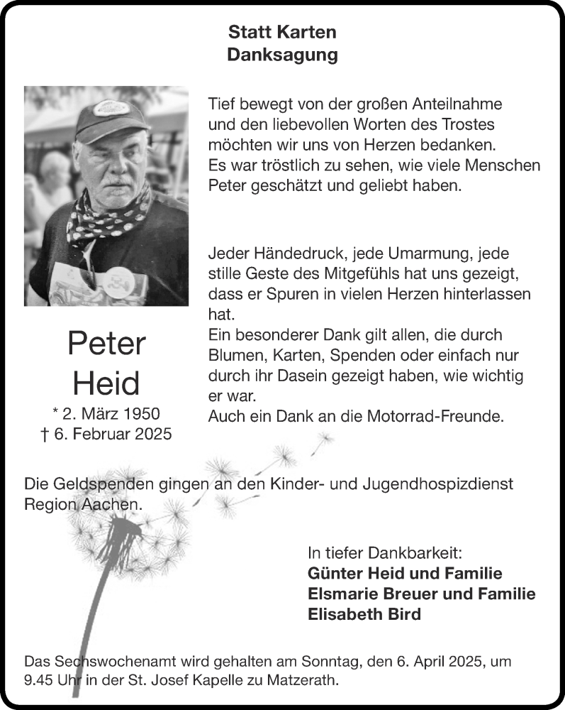  Traueranzeige für Peter Heid vom 30.03.2025 aus Zeitung am Sonntag
