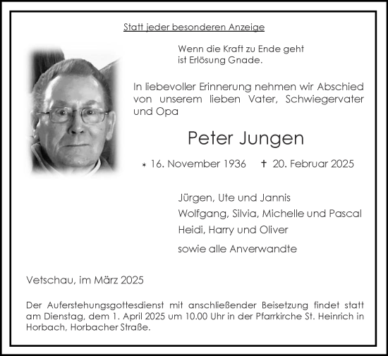 Traueranzeige von Peter Jungen von Zeitung am Sonntag