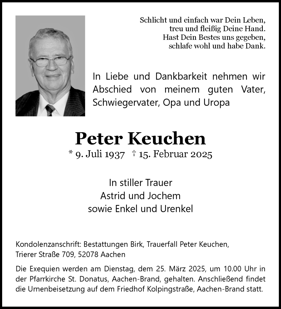  Traueranzeige für Peter Keuchen vom 08.03.2025 aus Aachener Zeitung