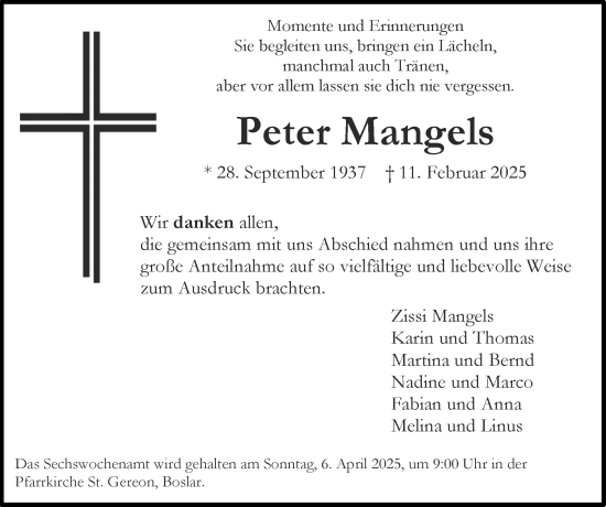 Traueranzeige von Peter Mangels von Zeitung am Sonntag