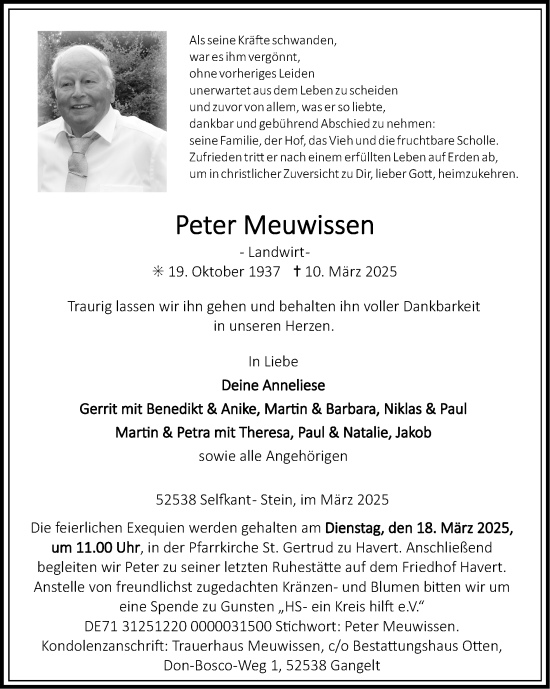 Traueranzeige von Peter Meuwissen von Zeitung am Sonntag
