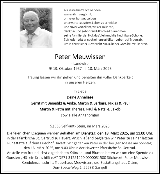 Traueranzeige von Peter Meuwissen von Aachener Zeitung