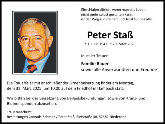 Traueranzeige von Peter Staß von Zeitung am Sonntag