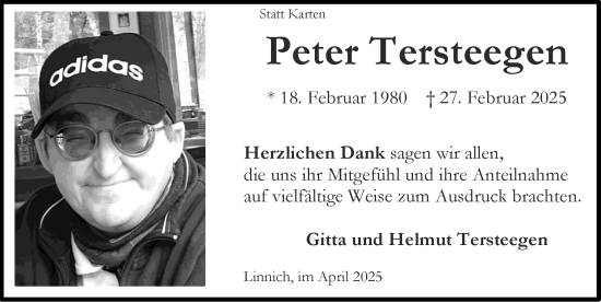 Traueranzeige von Peter Tersteegen von Zeitung am Sonntag
