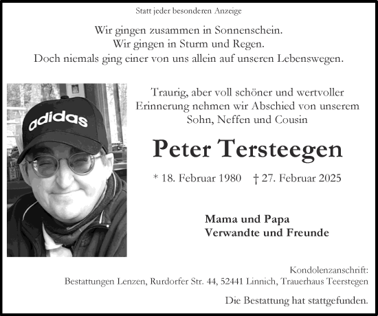 Traueranzeige von Peter Tersteegen von Zeitung am Sonntag