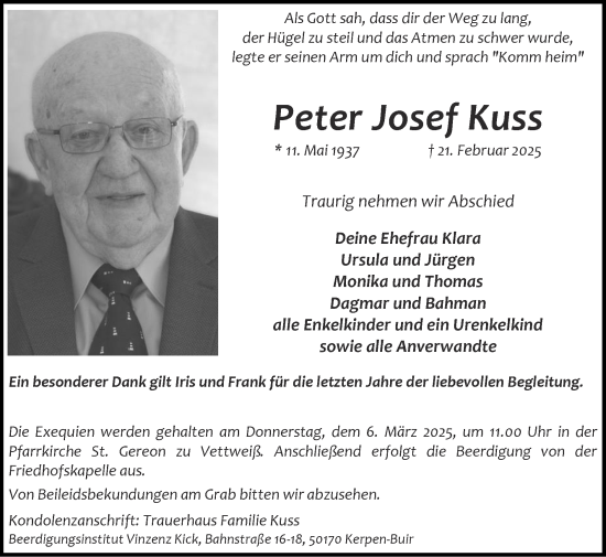 Traueranzeige von Peter Josef Kuss von Zeitung am Sonntag