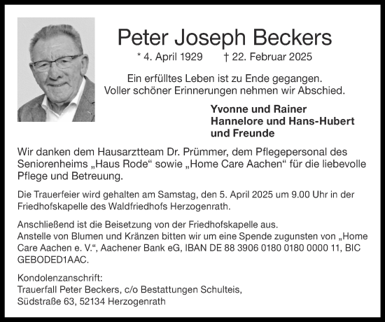 Traueranzeige von Peter Joseph Beckers von Zeitung am Sonntag