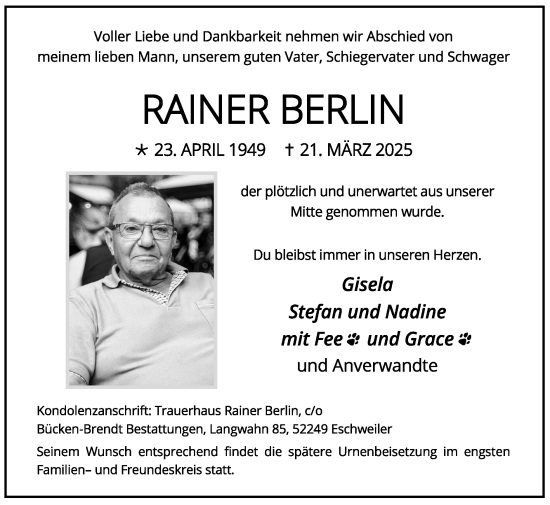 Traueranzeige von Rainer Berlin von Zeitung am Sonntag