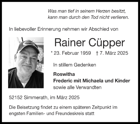 Traueranzeige von Rainer Cüpper von Zeitung am Sonntag