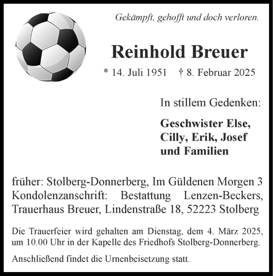 Traueranzeige von Reinhold Breuer von Zeitung am Sonntag