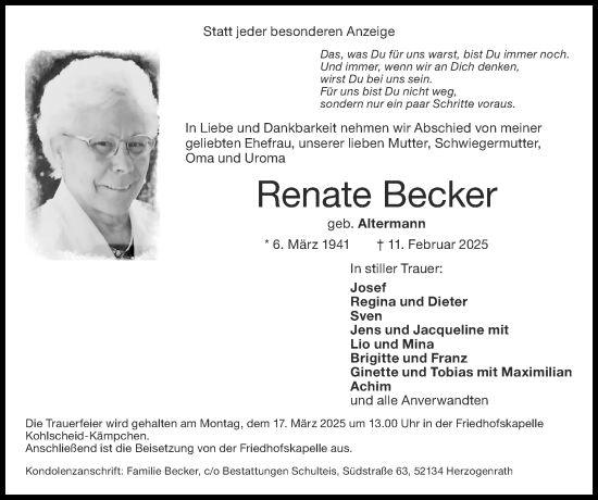 Traueranzeige von Renate Becker von Zeitung am Sonntag