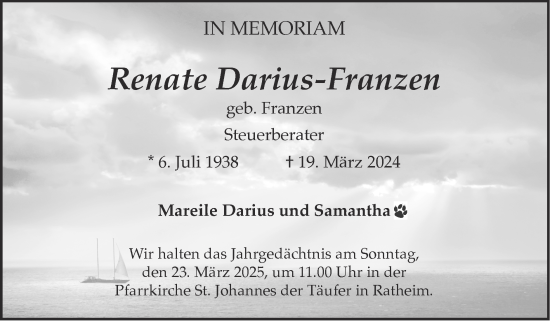 Traueranzeige von Renate Darius-Franzen von Zeitung am Sonntag