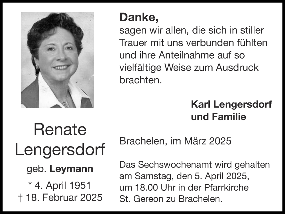  Traueranzeige für Renate Lengersdorf vom 23.03.2025 aus Zeitung am Sonntag