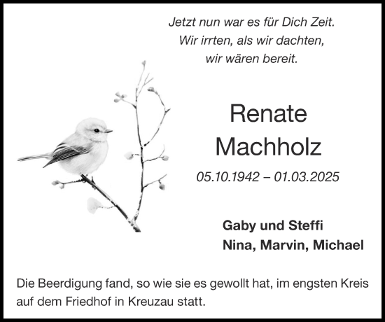 Traueranzeige von Renate Machholz von Zeitung am Sonntag
