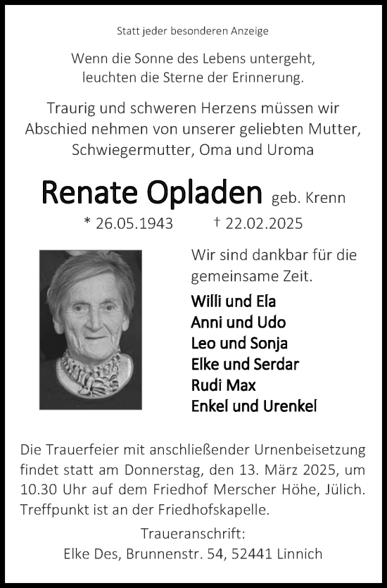 Traueranzeige von Renate Opladen von Zeitung am Sonntag