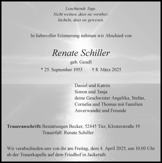 Traueranzeige von Renate Schiller von Zeitung am Sonntag