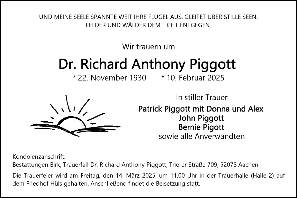  Traueranzeige für Richard Anthony Piggott vom 02.03.2025 aus Zeitung am Sonntag