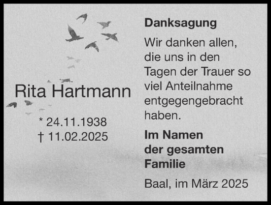 Traueranzeige von Rita Hartmann von Zeitung am Sonntag