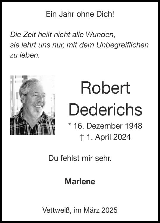 Traueranzeige von Robert Dederichs von Zeitung am Sonntag