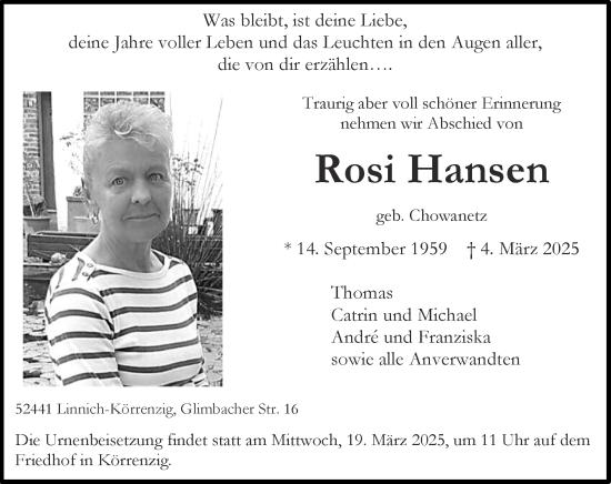 Traueranzeige von Rosi Hansen von Zeitung am Sonntag