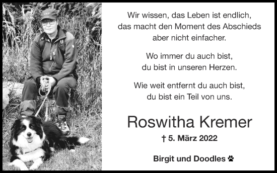 Traueranzeige von Roswitha Kremer von Zeitung am Sonntag