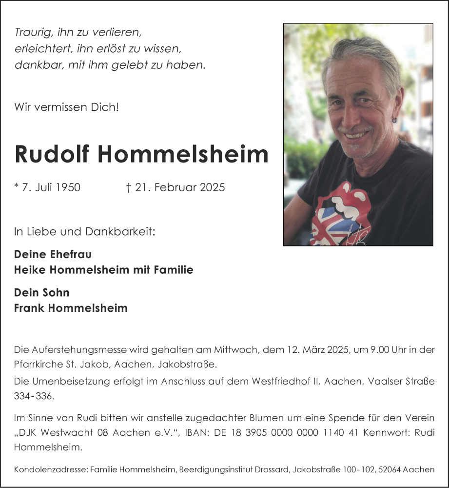  Traueranzeige für Rudolf Hommelsheim vom 08.03.2025 aus Aachener Zeitung