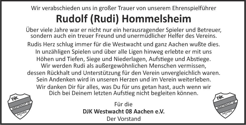  Traueranzeige für Rudolf Hommelsheim vom 08.03.2025 aus Aachener Zeitung
