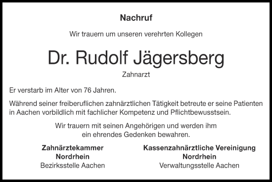 Traueranzeige von Rudolf Jägersberg von Zeitung am Sonntag