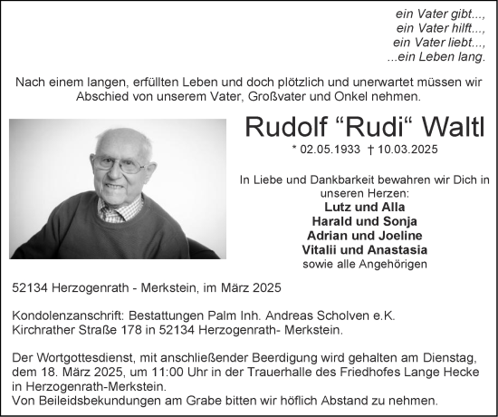 Traueranzeige von Rudolf Waltl von Zeitung am Sonntag