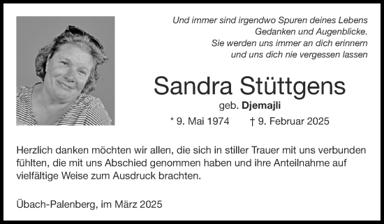 Traueranzeige von Sandra Stüttgens von Zeitung am Sonntag
